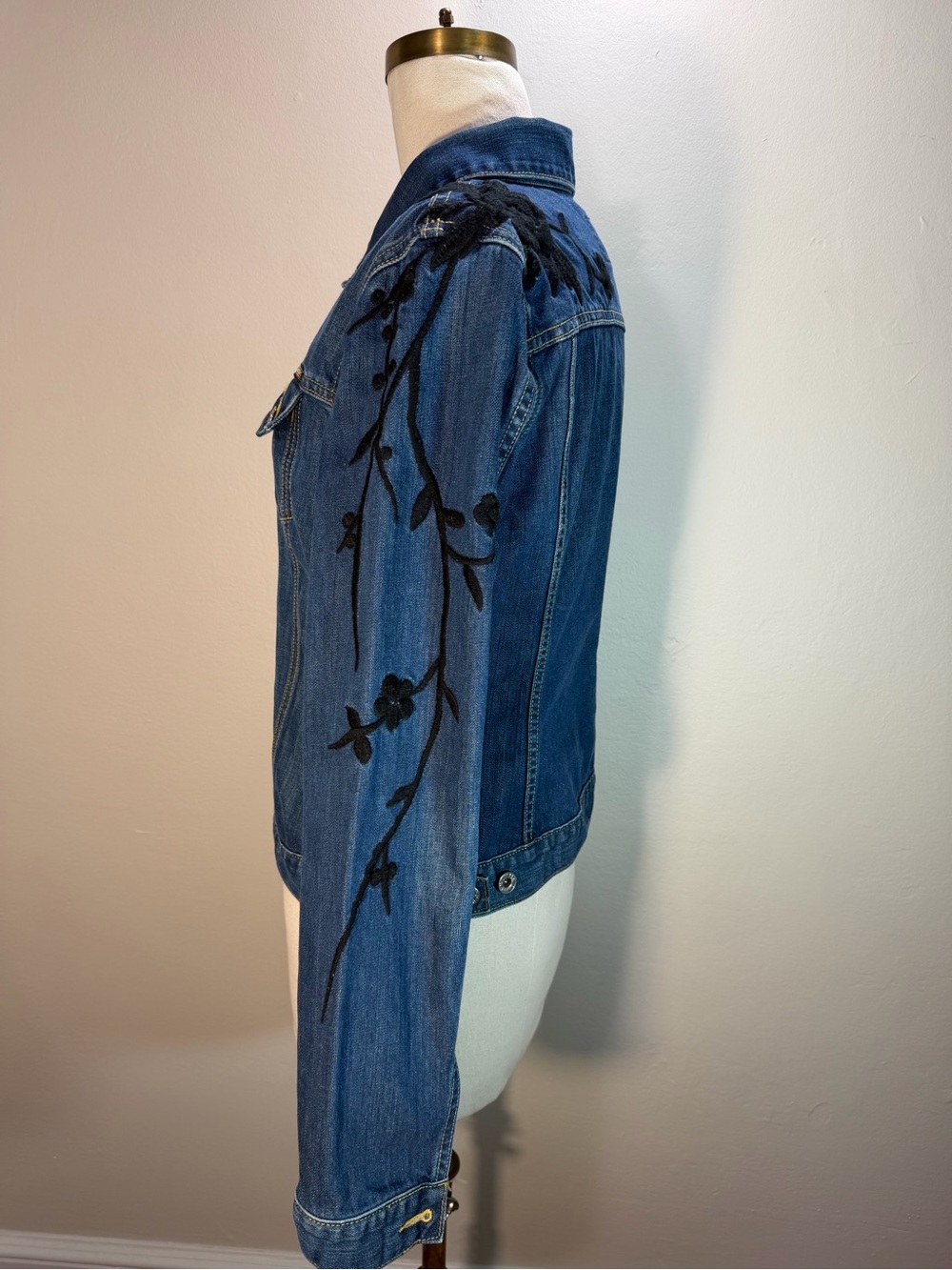 Vintage Lucky Brand Blue Denim Jacket with Black Floral Embroidery